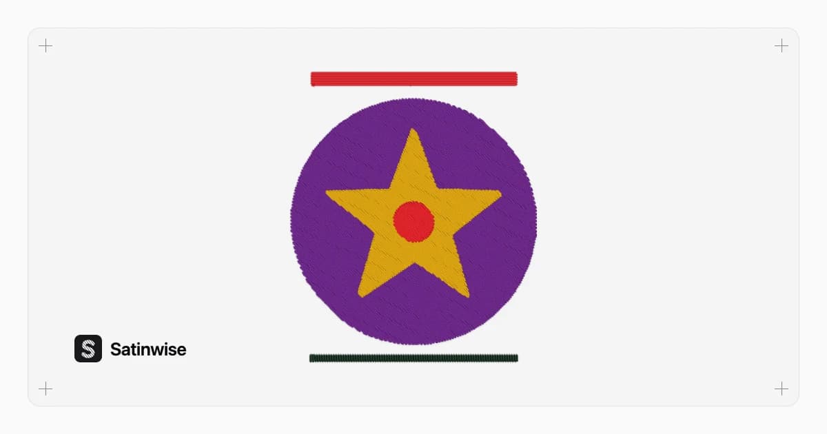 Vista de puntadas de un logo bordado, una estrella amarilla dentro de un círculo morado, sobre el bastidor con cruces de registro