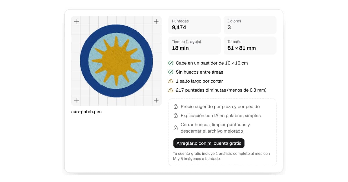 Revisión gratis de Satinwise del archivo sun-patch.pes: 9,474 puntadas, 3 colores, 18 minutos, 81 × 81 mm, cabe en un bastidor de 10 × 10 cm, 1 salto largo y 217 puntadas diminutas